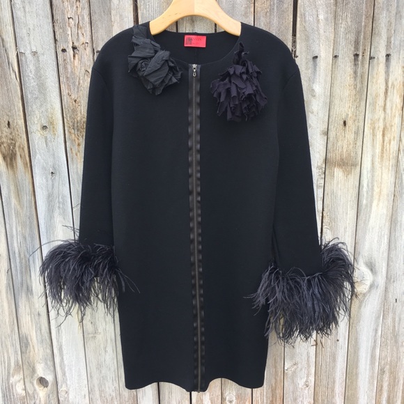 Lanvin Jackets & Blazers - Lanvin Ostrich Feather Cuffs Wool Knit Coat Black